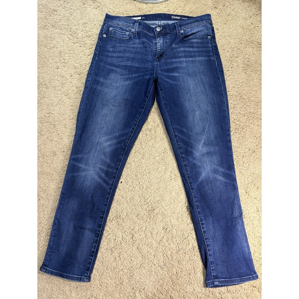 Gap 1969 Girlfriend Jeans Women 30R Dark Blue Denim Mid Rise Tapered Leg Preppy